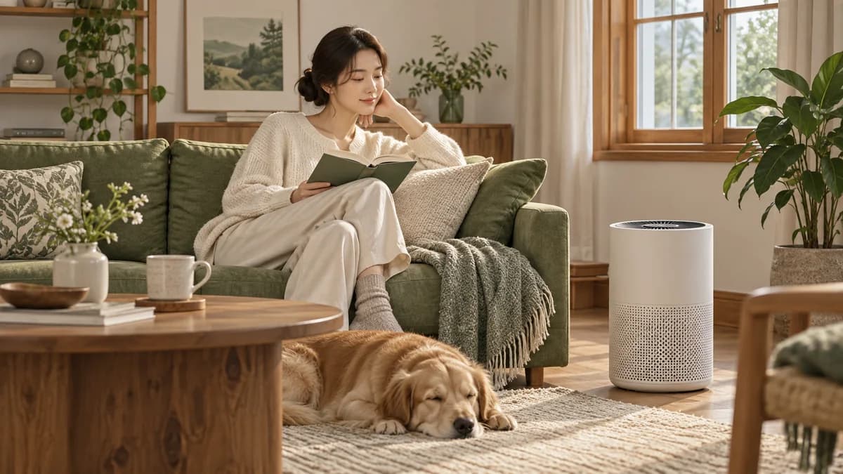거실 소파 옆에서 사용하는 표시 없는 공기청정기