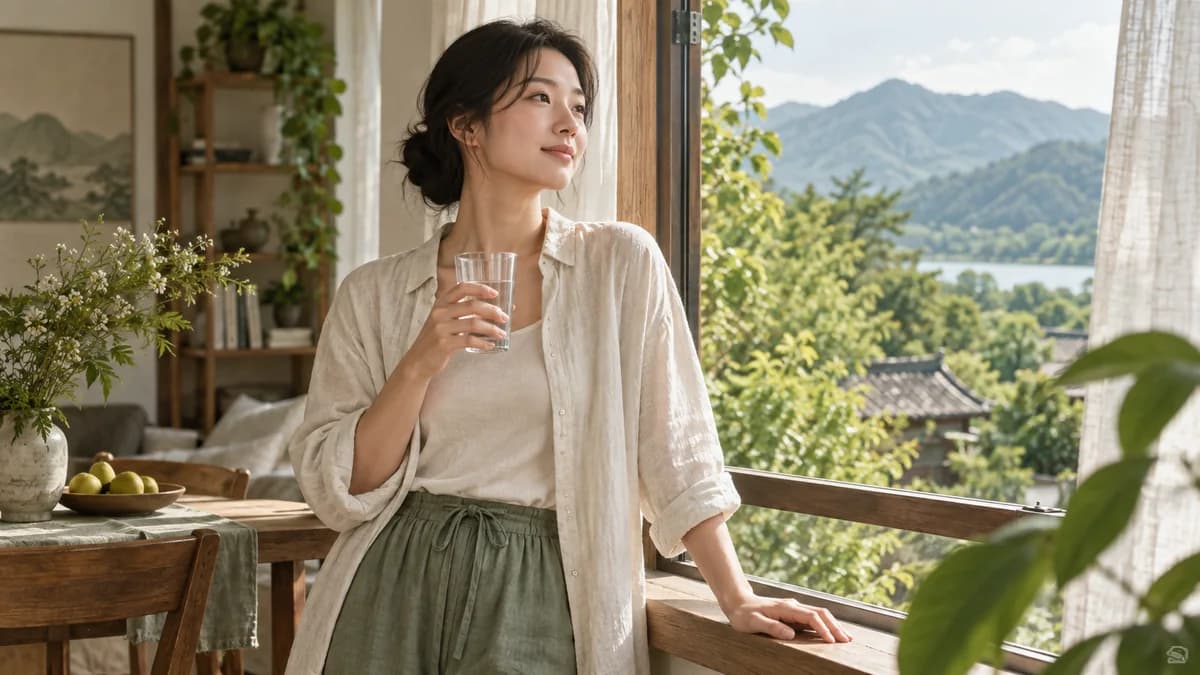 창가에 기대어 물잔을 들고 밖을 바라보는 사람
