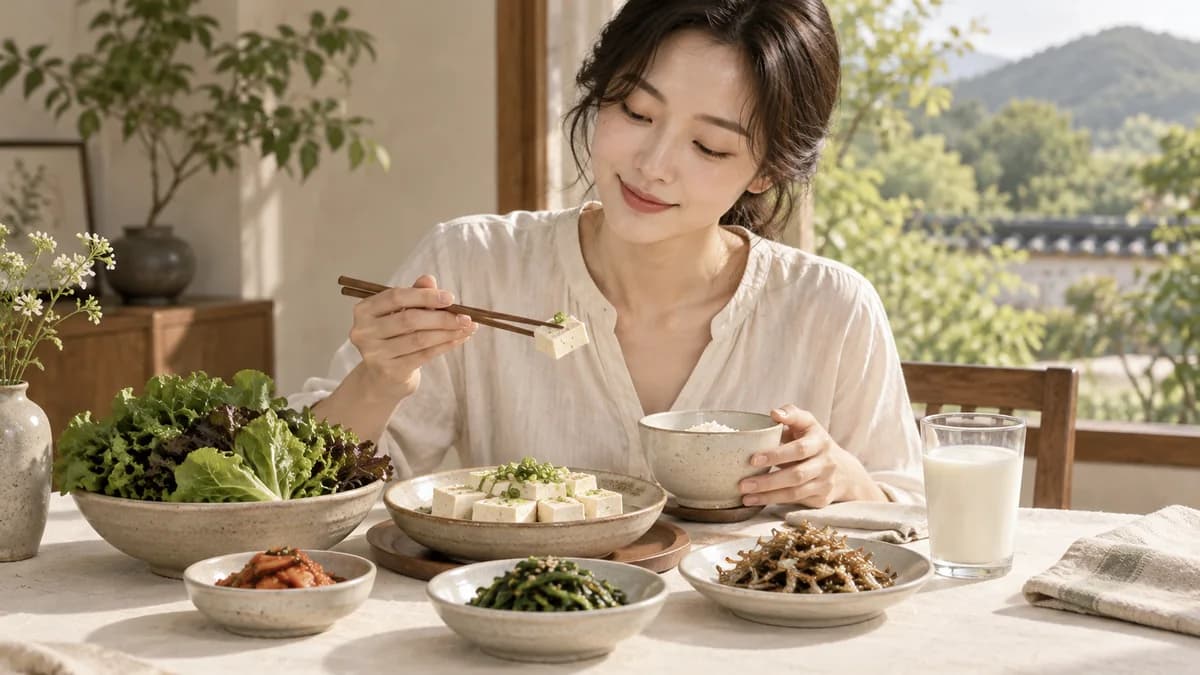 우유와 두부, 푸른 채소와 작은 생선 반찬을 놓은 식탁