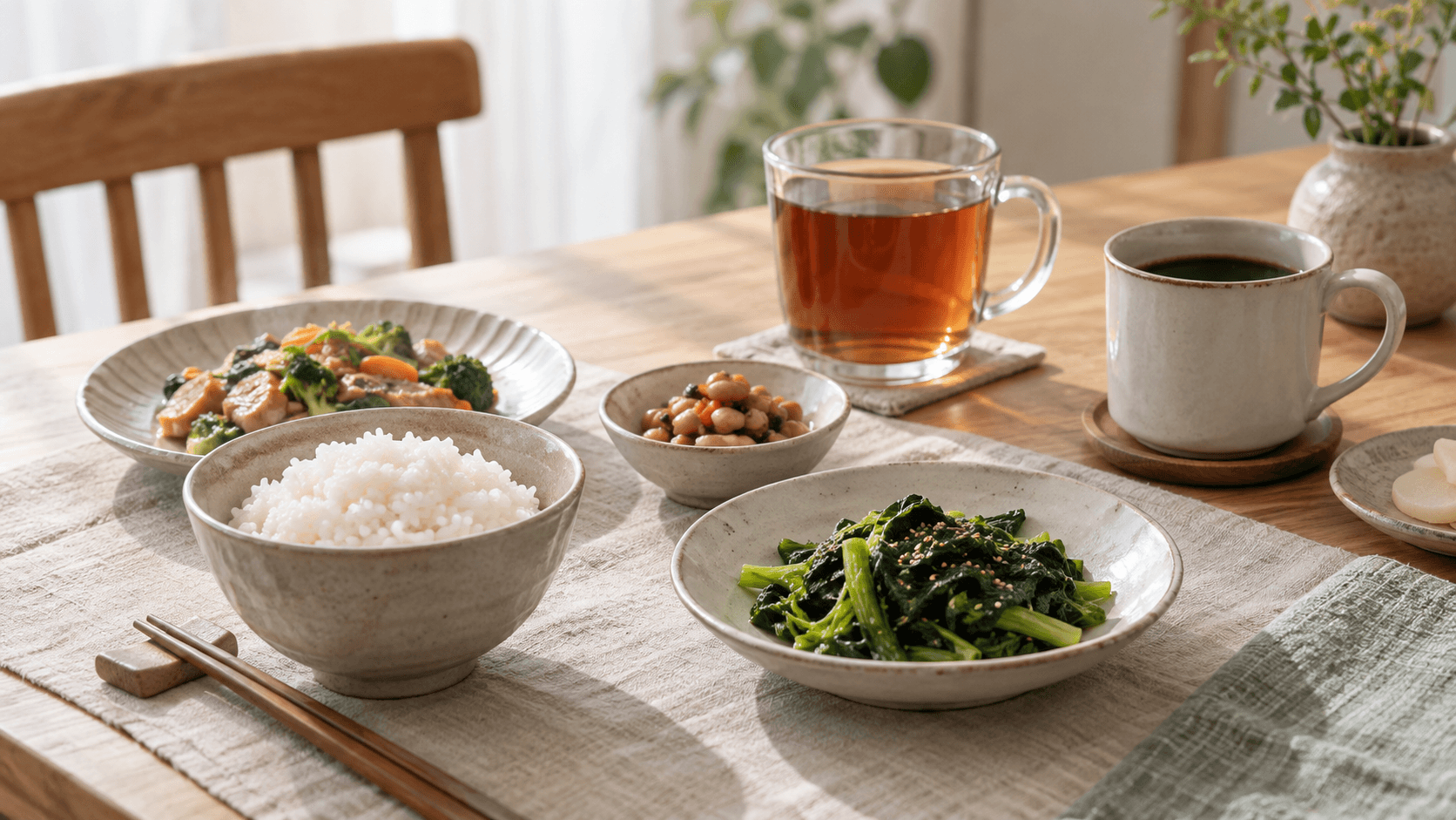 밥과 나물·콩 반찬이 놓인 식탁 옆의 차와 커피