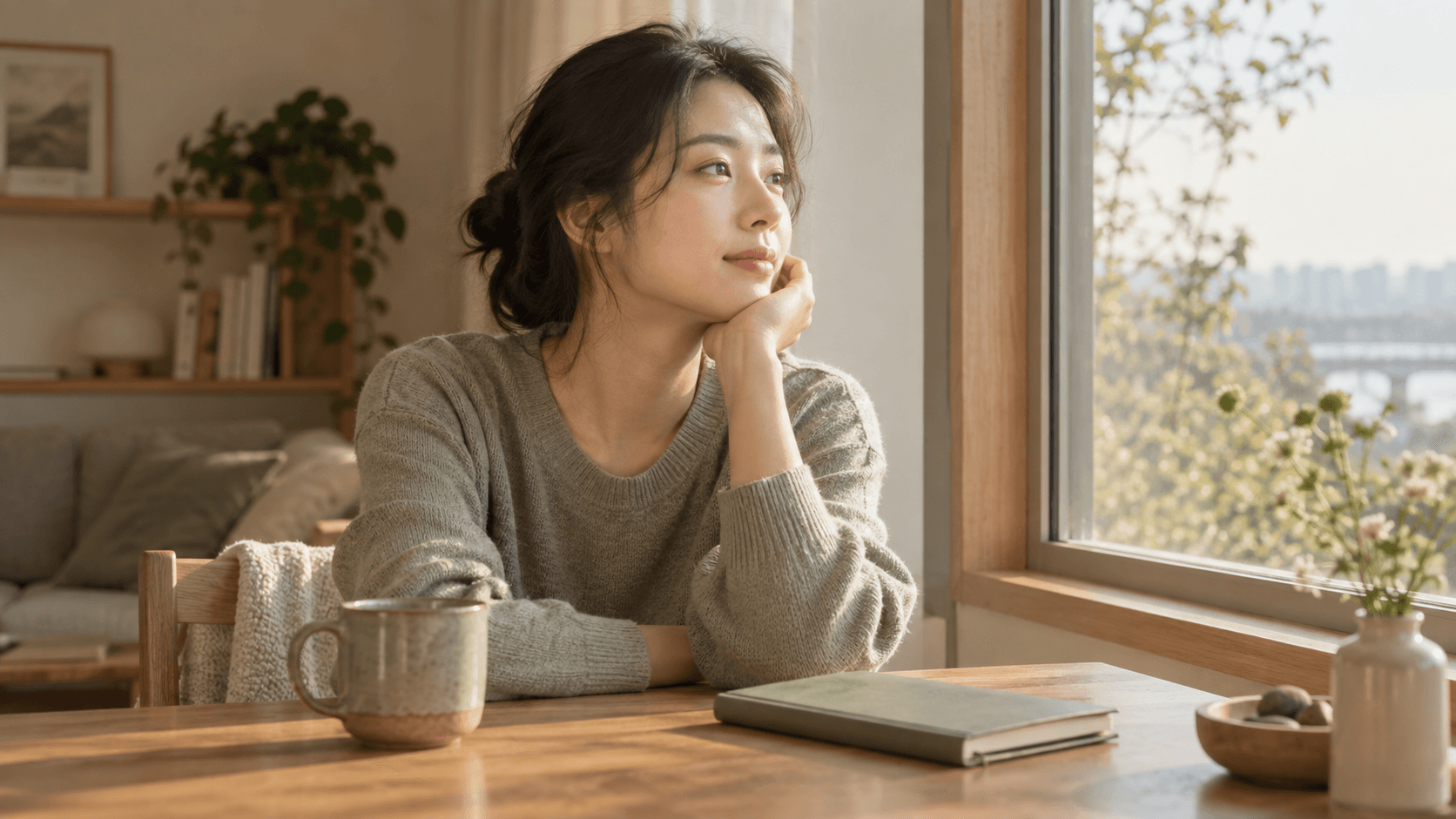 창가에서 닫힌 노트와 머그잔을 앞에 두고 생각을 정리하는 사람