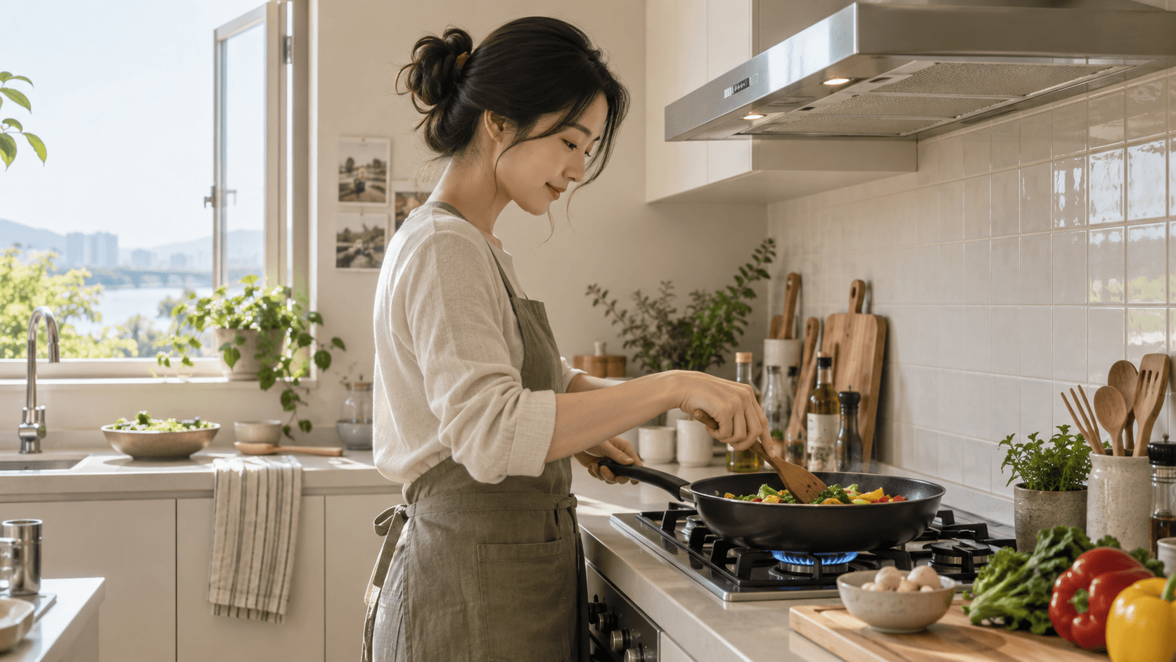 주방에서 레인지후드를 켜고 열린 창문 옆 조리대에서 요리하는 사람