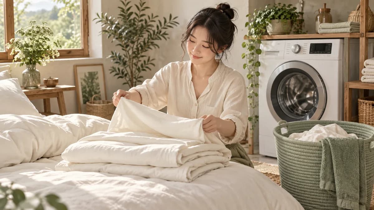 세탁기와 빨래 바구니 앞에서 흰 침구를 접는 사람