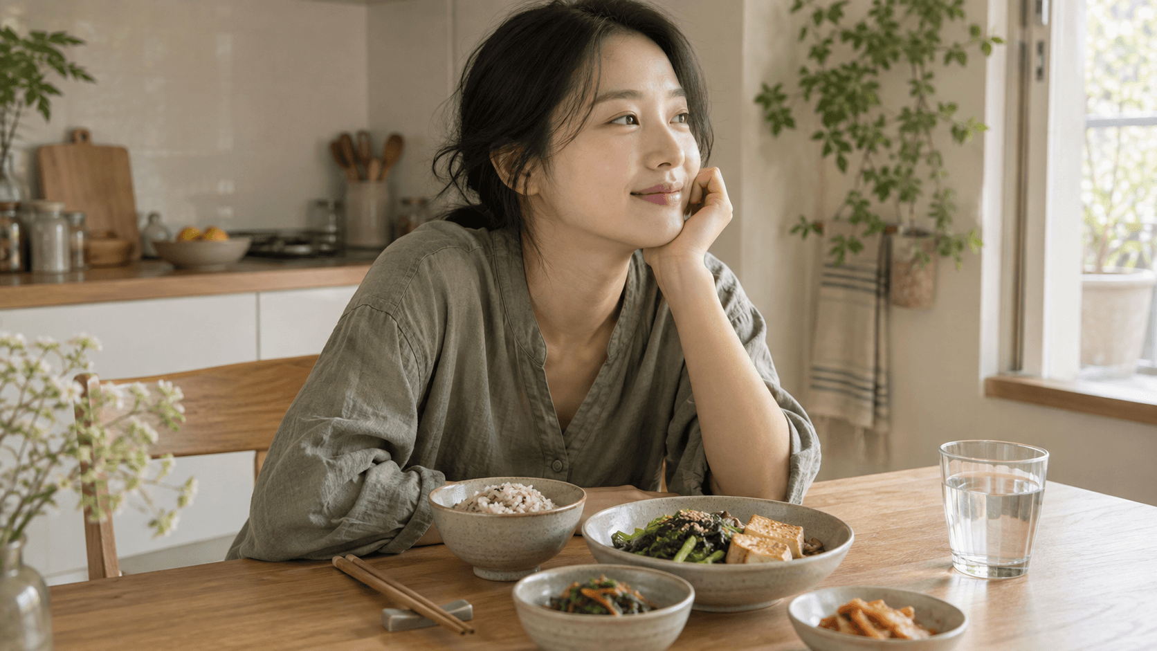 식탁에서 밥과 반찬을 앞에 두고 젓가락을 내려놓은 채 식사하는 사람