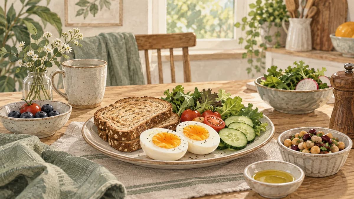 삶은 달걀과 통곡물빵, 채소가 함께 놓인 아침 식탁