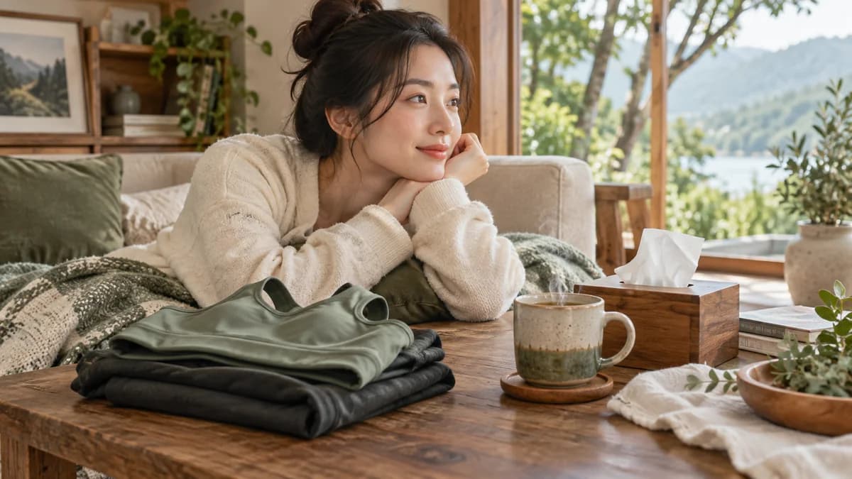 접은 운동복과 휴지 상자, 찻잔 뒤에서 턱을 괴고 쉬는 사람