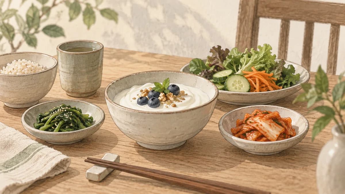 요구르트와 김치, 채소 반찬이 함께 놓인 일상적인 식탁