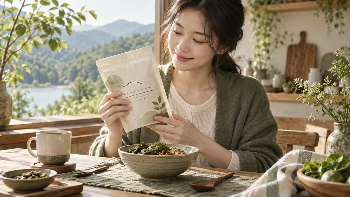 밥그릇 앞에 앉아 식품 포장을 들여다보는 사람