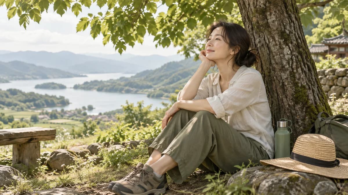 나무 그늘 아래 물병과 모자를 두고 쉬는 성인