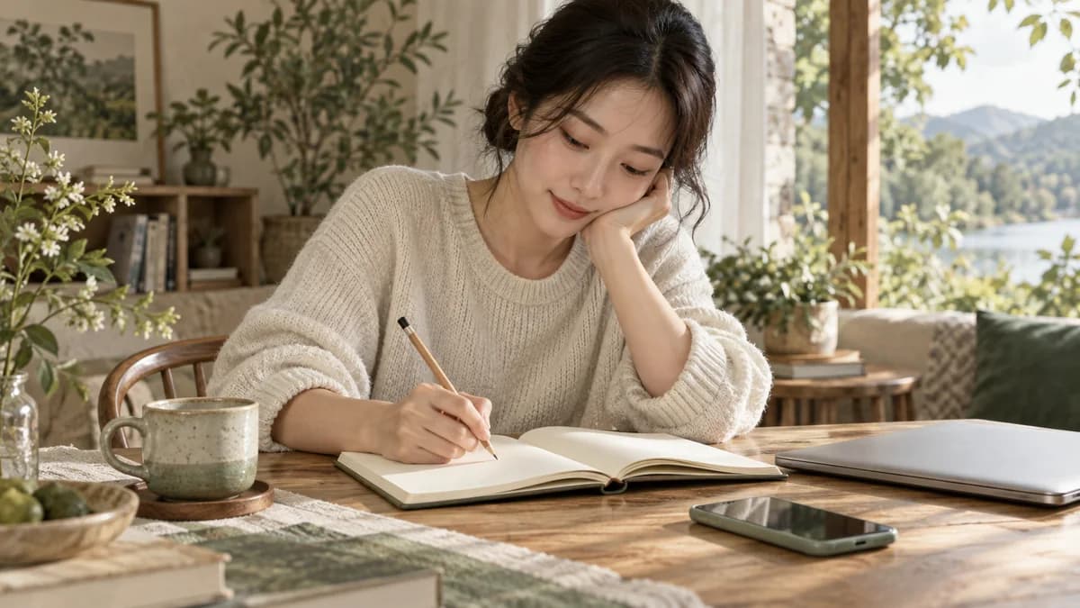 휴대전화와 닫힌 노트북 옆에서 노트에 연필로 쓰는 사람