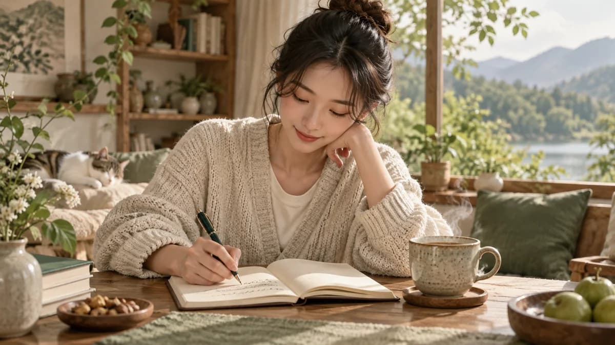 찻잔 옆에 펼친 노트에 펜으로 글을 쓰는 사람