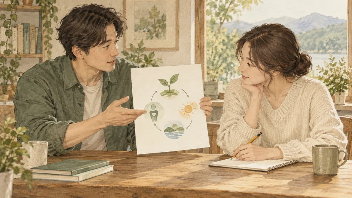 책상에서 그림이 있는 종이를 들고 다른 사람에게 설명하는 사람