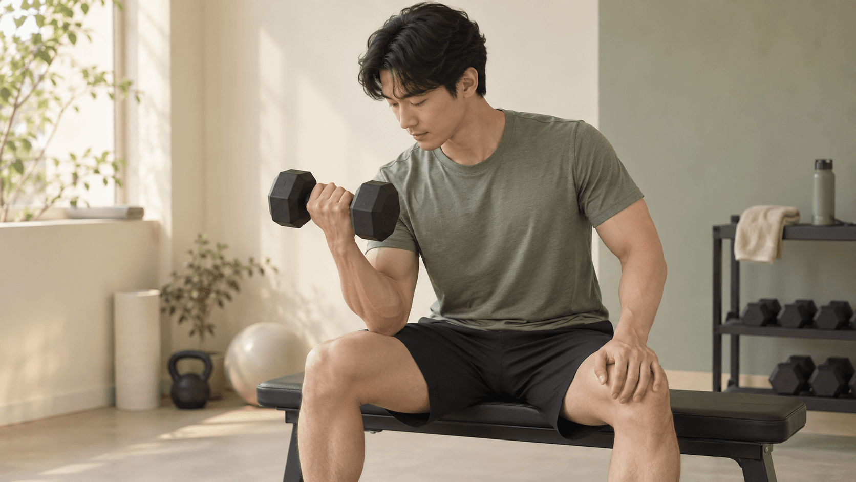 운동 벤치에 앉아 한 손의 덤벨을 들어 팔 운동을 하는 성인