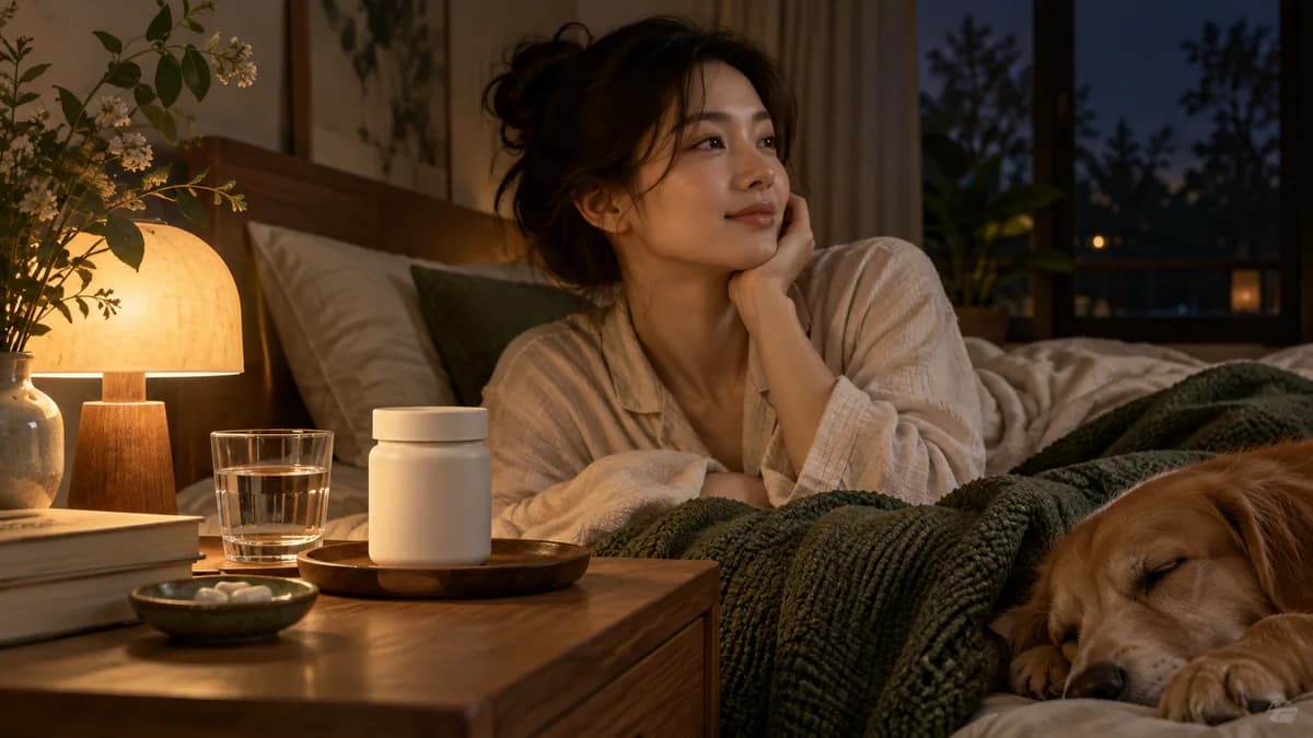 침대에 앉은 사람과 조명 옆 물잔, 표시 없는 흰 용기