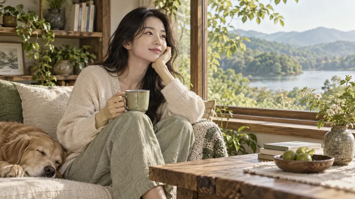 창가 소파에서 무릎을 세우고 찻잔을 든 사람