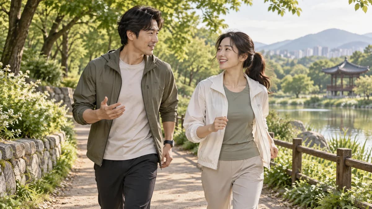 나무가 우거진 길에서 서로 바라보며 걷는 두 사람