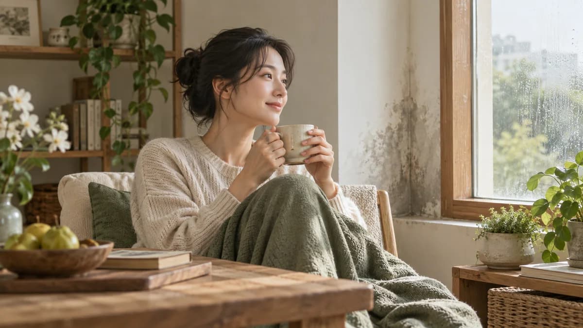 물방울이 맺힌 창문과 벽의 얼룩 옆에서 찻잔을 든 사람
