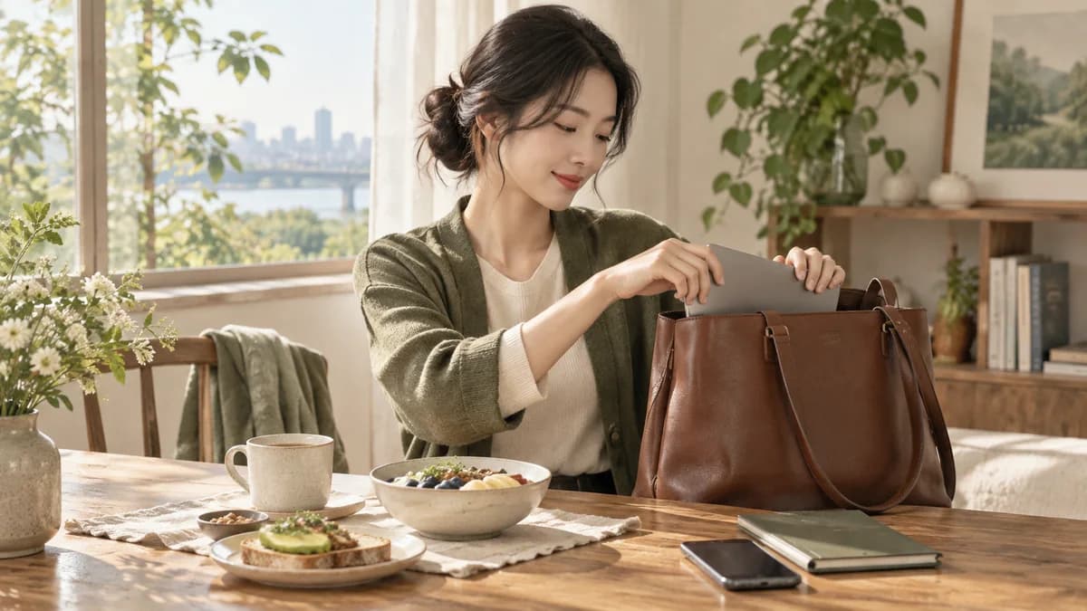 아침 식사가 놓인 식탁에서 가방에 물건을 넣는 사람