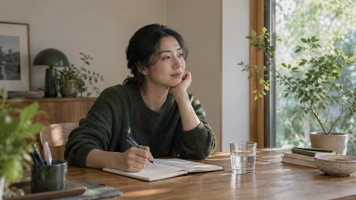 창가에서 생각에 잠겨 노트에 글을 쓰는 사람과 책상 위 물컵