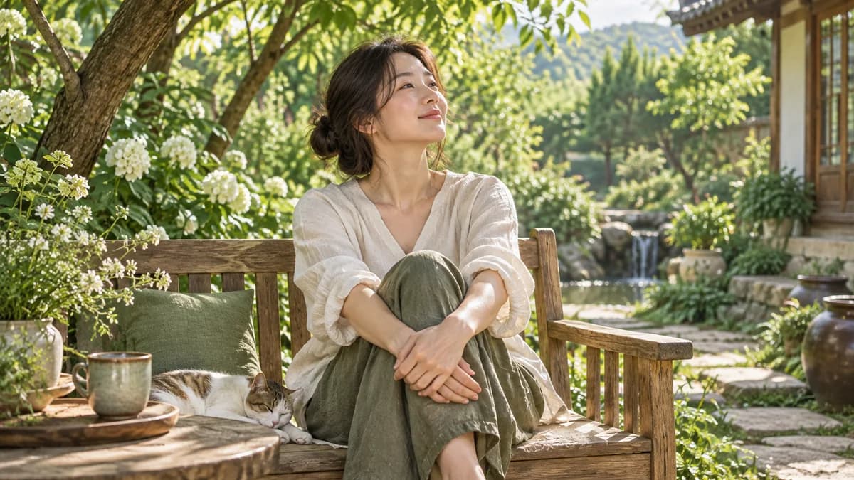 초록 잎이 우거진 정원의 나무 벤치에 앉아 쉬는 사람