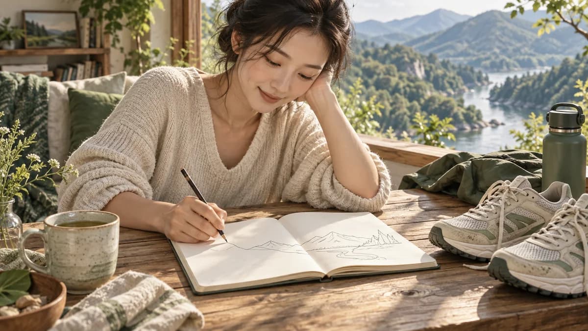 운동화와 물병 옆에서 노트에 선을 그리는 사람