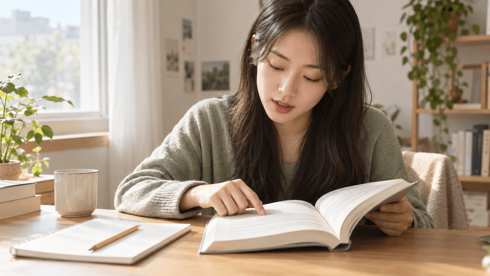 펼친 책의 줄을 손가락으로 따라가며 소리 내어 읽는 성인