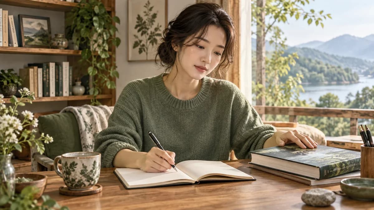 닫힌 책에 한 손을 얹고 노트에 펜으로 쓰는 사람
