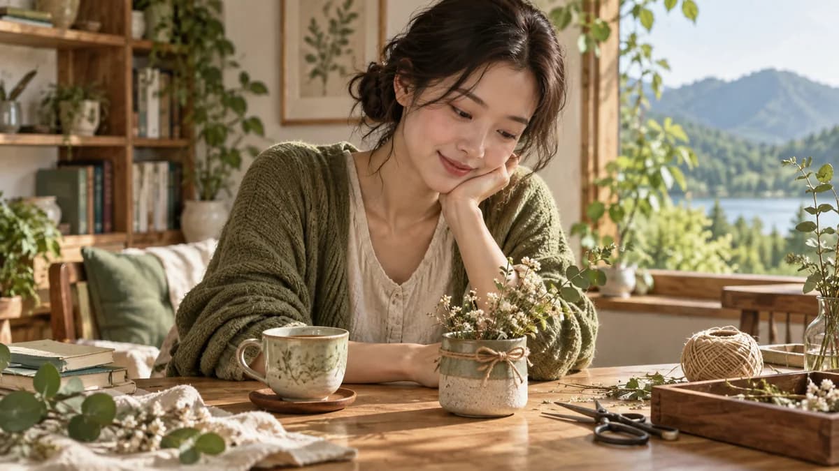 작은 꽃 장식과 실, 가위가 놓인 책상에 앉은 사람