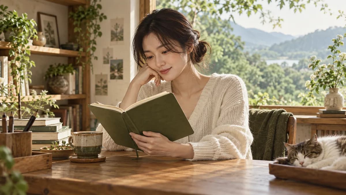 나무 책상에서 초록색 책을 읽는 사람과 옆에 누운 고양이