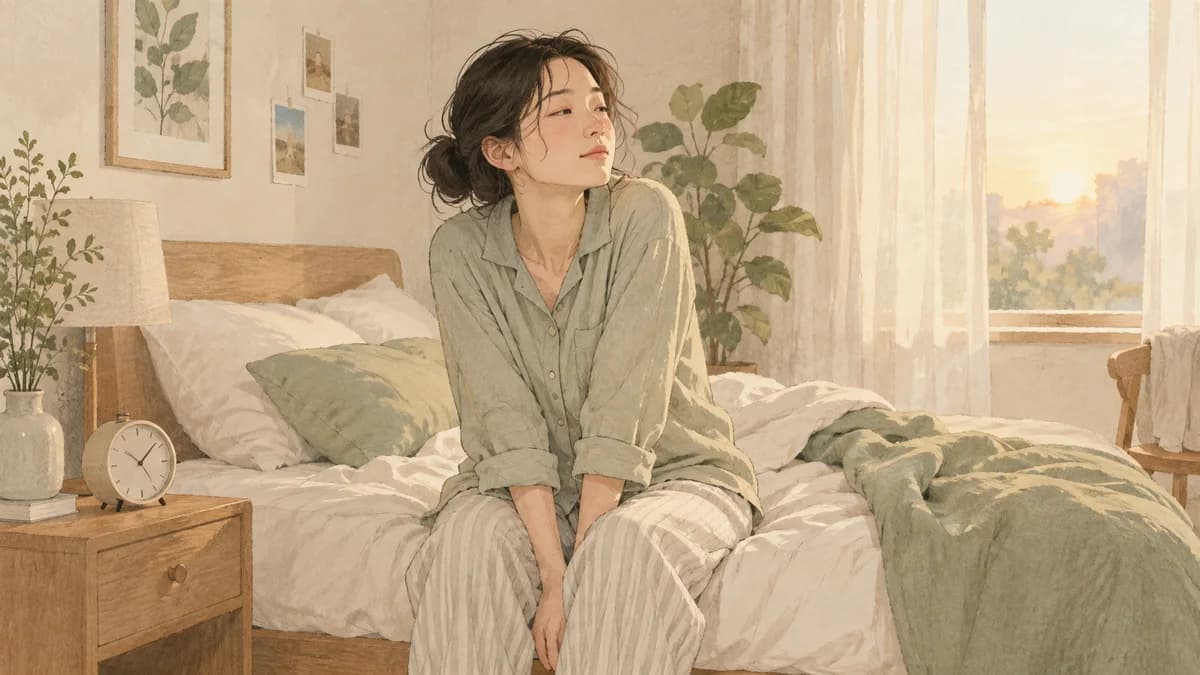 아침 빛이 들어오는 침실에서 침대 가장자리에 앉아 잠을 깨는 사람