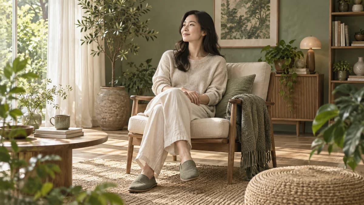 창가 의자에 다리를 포개고 편안하게 앉은 사람