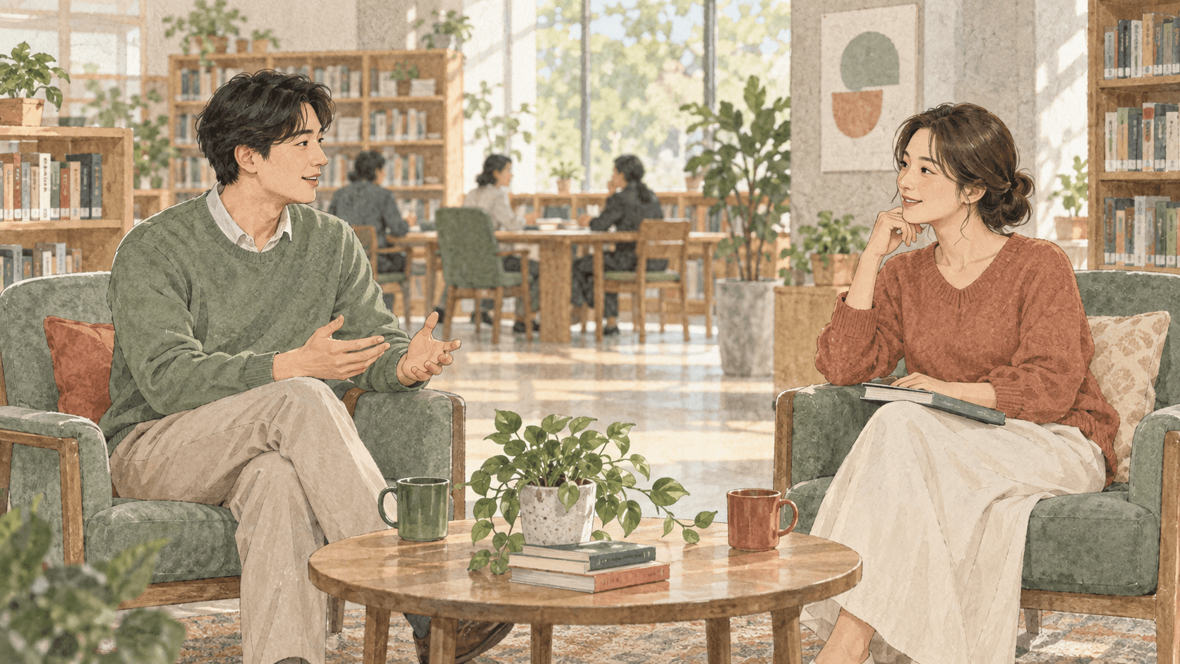 도서관 모임에서 처음 만난 두 성인이 편안한 거리를 두고 대화하는 모습