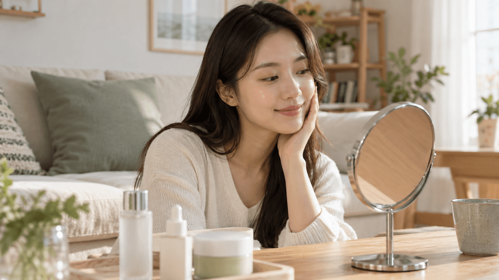 작은 거울 앞에서 미소를 짓고 있는 성인