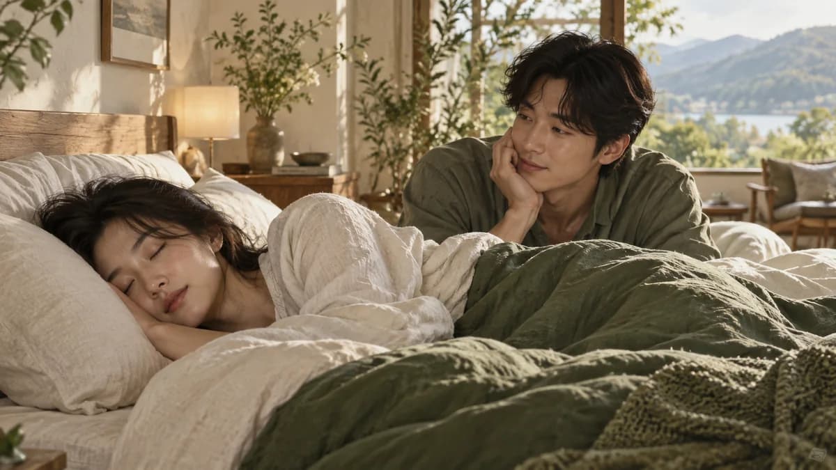차분한 침실에서 옆으로 누운 사람과 곁에 깨어 있는 동반자