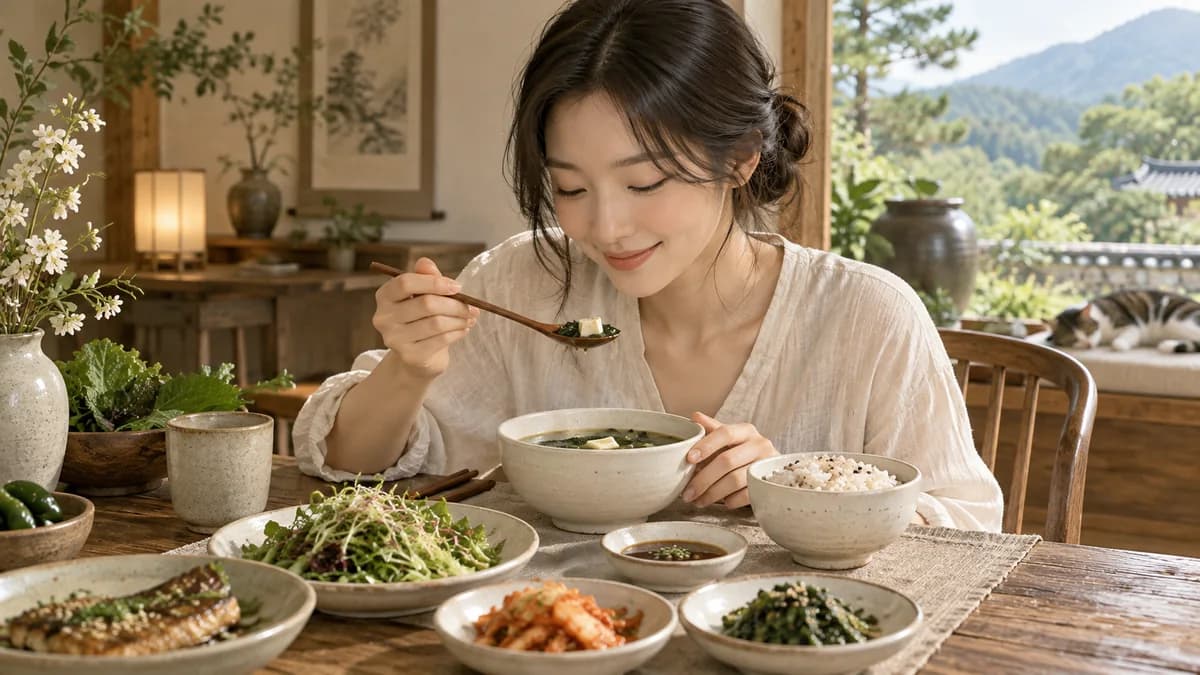 국과 밥, 생선과 채소 반찬이 놓인 식탁에서 식사하는 사람