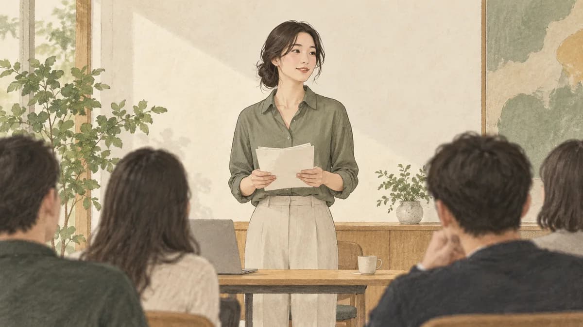 작은 회의실에서 메모를 들고 사람들 앞에 서 있는 발표자