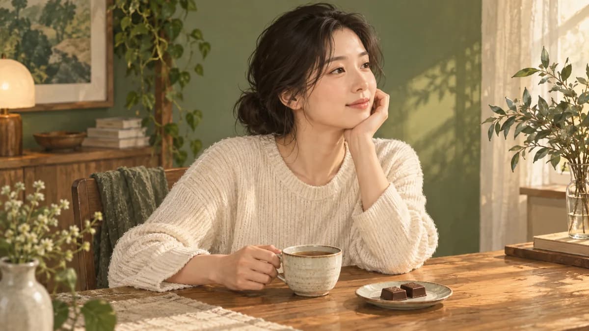 찻잔과 작은 초콜릿 접시를 두고 쉬는 사람 일러스트