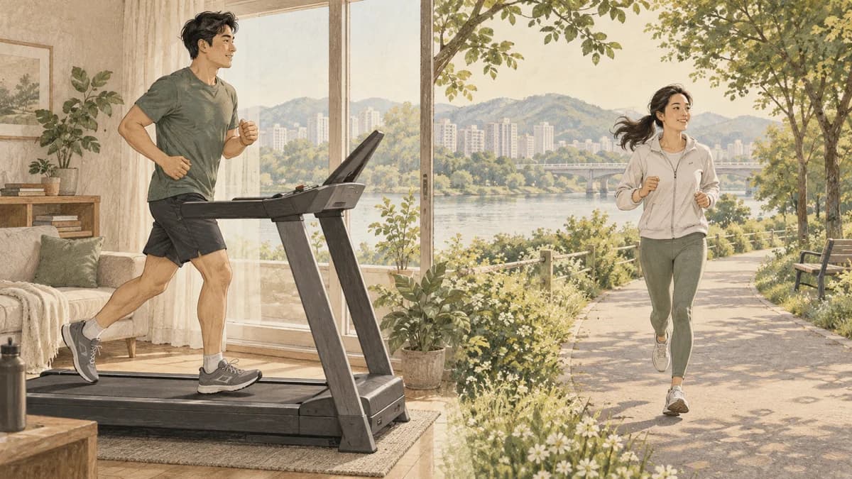 러닝머신에서 달리는 사람과 평평한 야외 산책로를 달리는 사람을 나란히 보여 주는 삽화