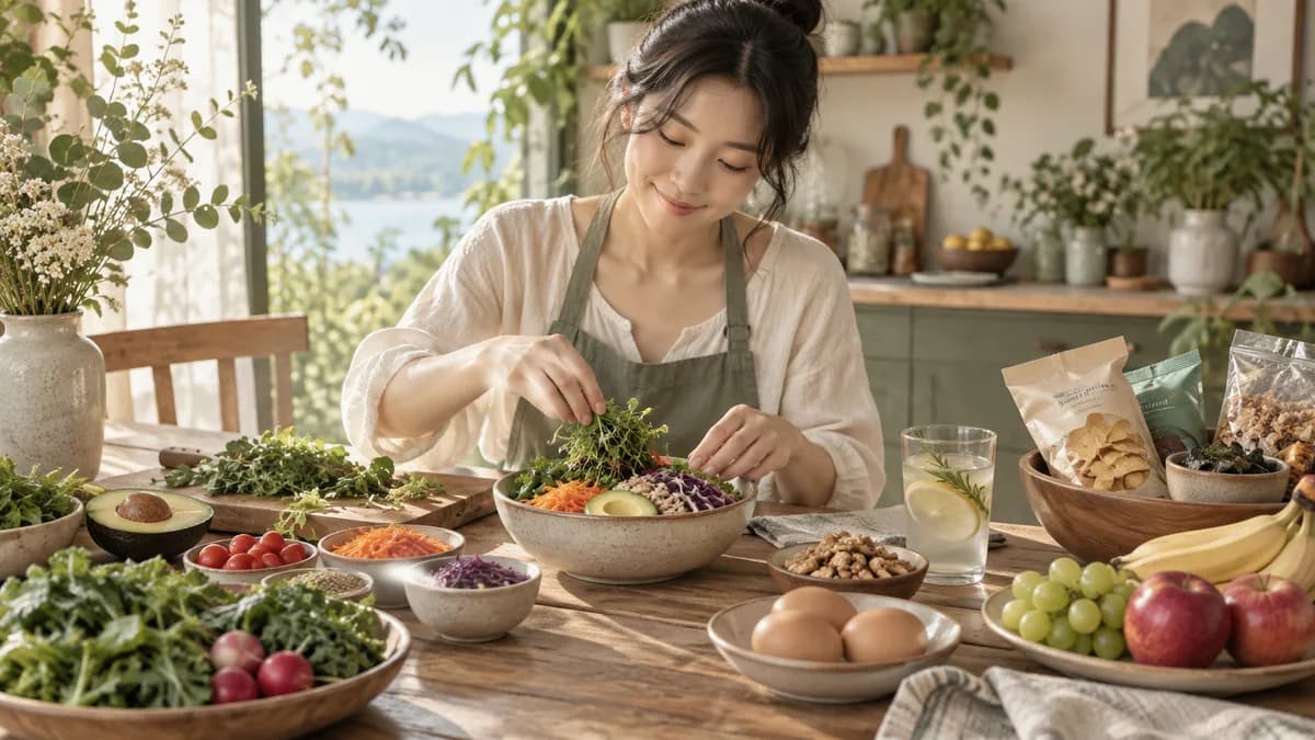 포장식품과 채소, 과일이 놓인 식탁에서 샐러드를 준비하는 사람