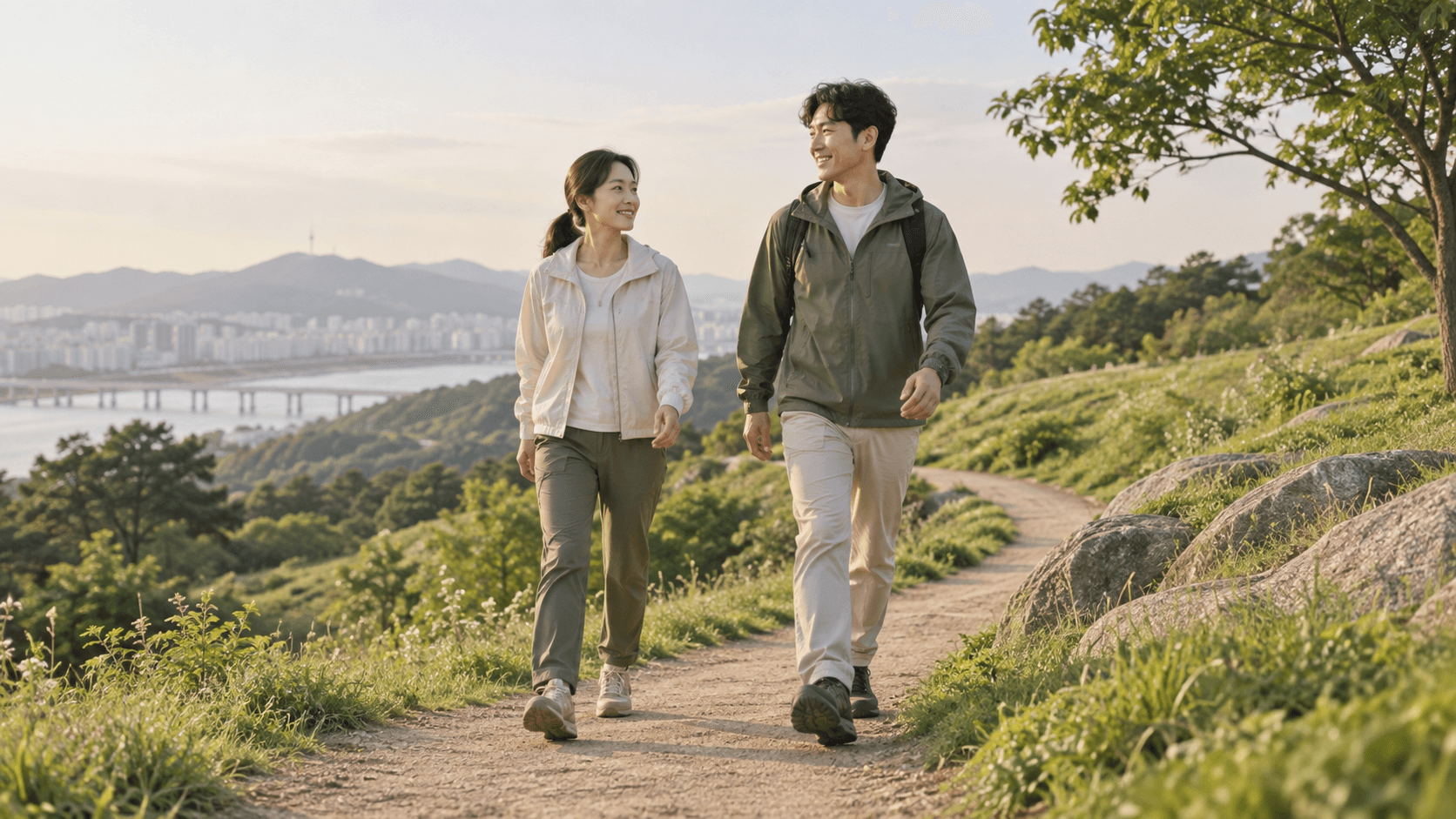 완만한 언덕의 공원 흙길을 함께 걷는 성인 남녀