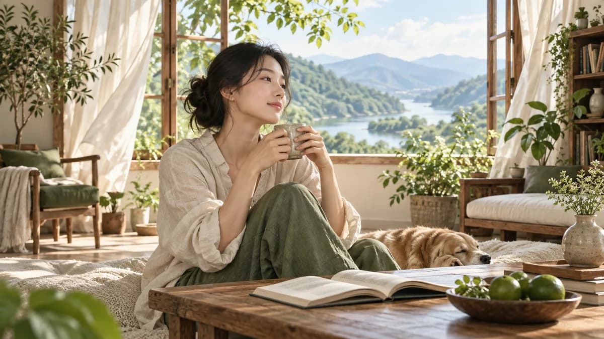 창가의 밝은 거실에서 책과 찻잔을 곁에 두고 앉은 사람