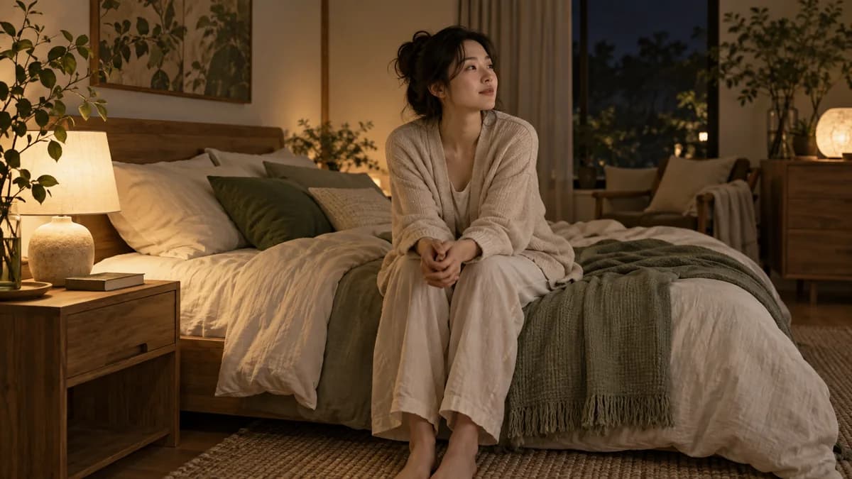 낮은 조명이 켜진 침대 가장자리에 조용히 앉은 사람