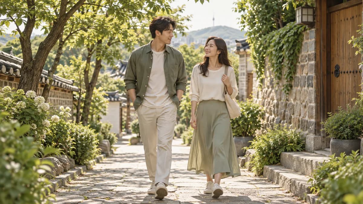 나무와 돌담이 있는 주택가 길을 함께 걷는 두 사람