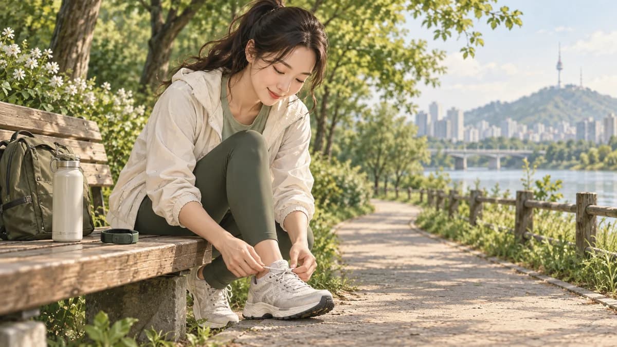 공원 벤치에 앉아 운동화 끈을 매는 사람과 물병