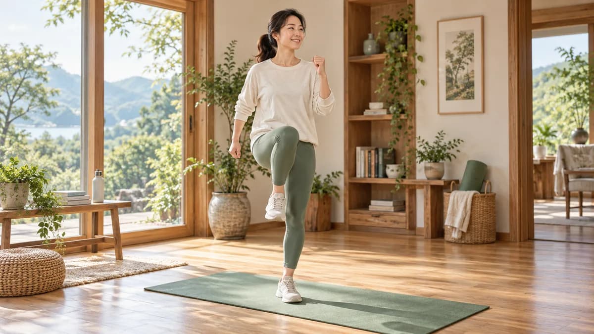 밝은 운동 공간에서 제자리걸음으로 몸을 푸는 성인