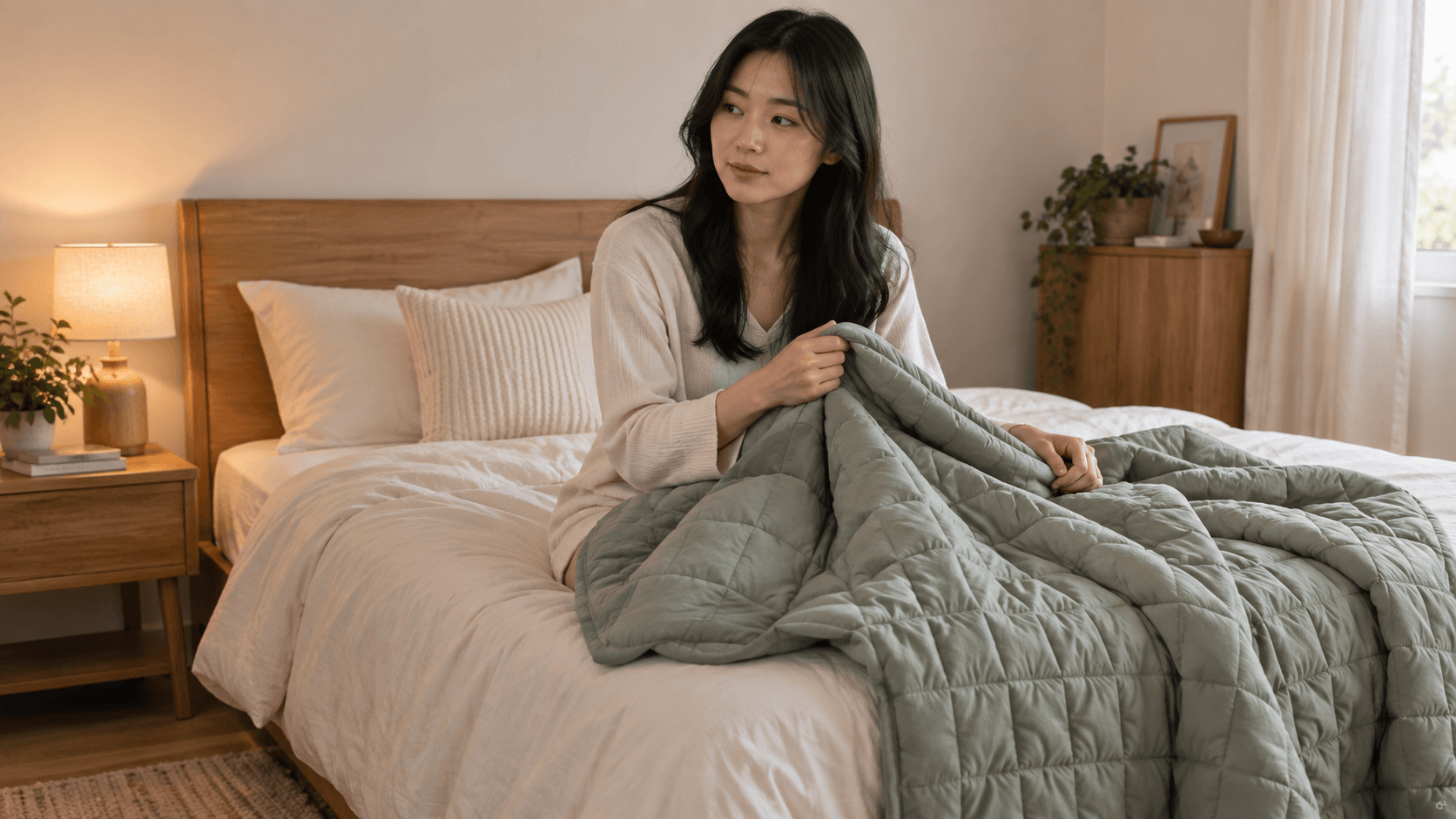 침대에 앉아 회녹색 누빔 이불을 잡고 있는 성인